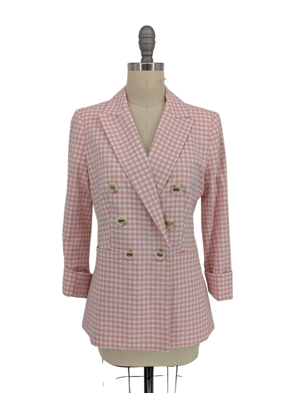 01340 DKNY Gingham Plaid Double Breasted Blazer Pink White size 2 preppy spring